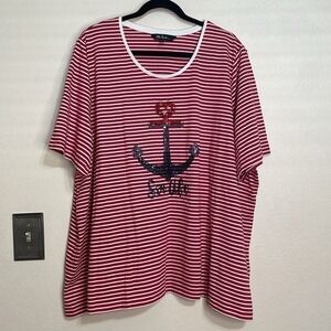 Ulla Popken T-Shirt Anchor Sea Life 24/26 Red Striped Sequin Short Sleeve